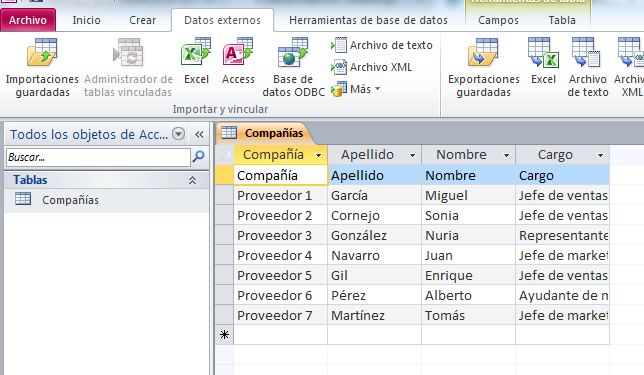 Representación de una tabla con información en Microsoft Access